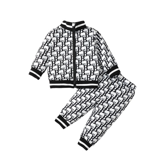 Kucnuzki 18 Months Newborn Baby Boy Winter Outfits Pants Sets 24 Months Long Sleeve Stand Collar Letter Prints Zipper Sweatshirt Elastic Pants 2PCS Set White