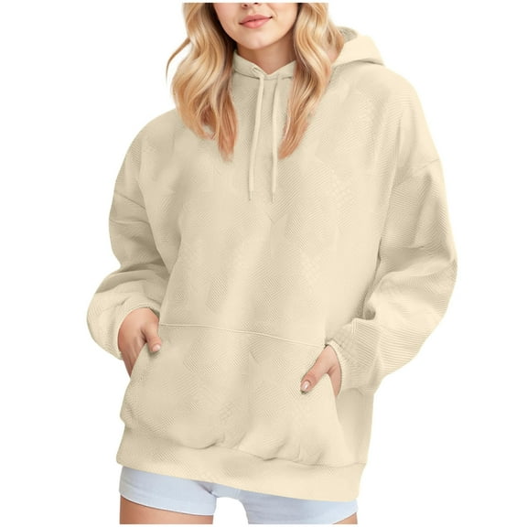 Ecqkame Womens Solid Color Hoodies Fall Long Sleeve Drawstring Pullover Tops with Pockets Fashion Casual Sweatshirt Beige S