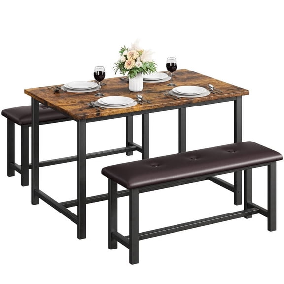 Jojoka 3 Piece Dining Table Set for 4, Kitchen Table with 2 PU Leather Upholstered Benches, Industrial Wood Top Breakfast Dinette for Small Space, Kitchen, Apartment, Dining Room, Rustic Brown