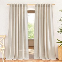 LKIFFA-Natural Linen Beige Curtains for Bedroom, Rod Pocket & Back Tab Flax Linen Burlap Semi Sheer with Light Filtering Privacy Window Treatments for Living Room, W52 x L95, 2 Pieces