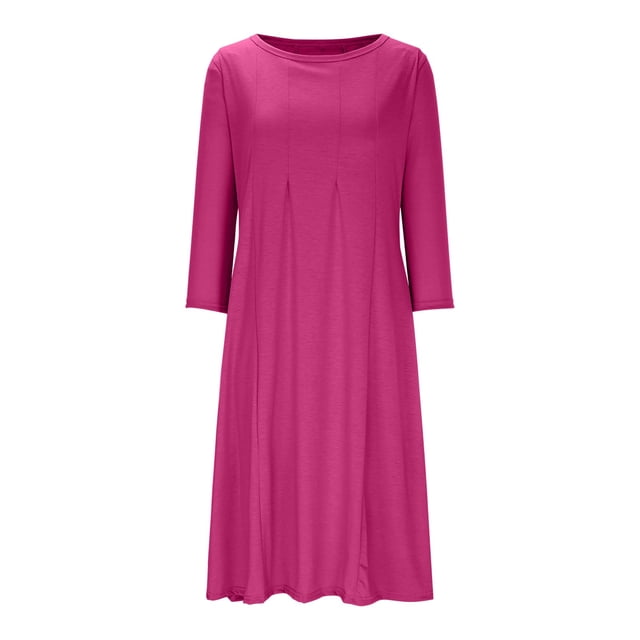 cfhntfmh Robes d'Automne pour Femmes Décontractées Manches 3/4 Col Ras du Cou Robe Midi Fluide Coton Doux Ample Plissée Robe de Vacances