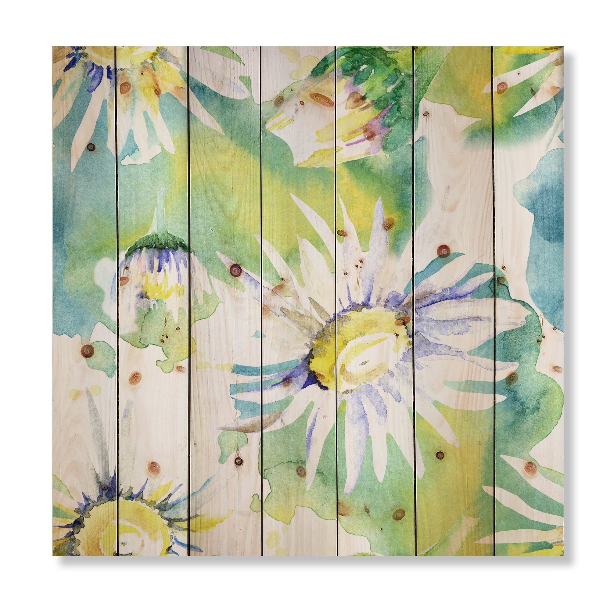 Designart 'Aquarelle Impression of Daisy Flowers II' Traditional Print on Natural Pine Wood