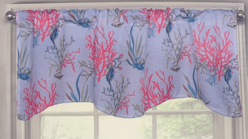 Seahorse Coral Crab Window Valance Scalloped 50x16 Set of 2 Beach Summer House 