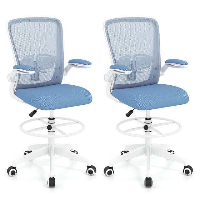 Gymax 2PCS Home Office Drafting Chair w/Flip-Up Armrests Adjustable Footrest Ring