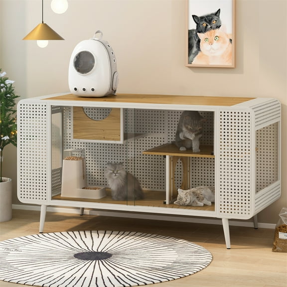 Furvclv 55.12" Cat House With 2 Sliding Tempered Glass Doors, Iron Frames Wood Cat Cabinet House Furniture With Resting Platforms Cave For Living Room Hallway
