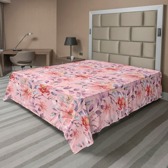 Floral Flat Sheet, Nature Theme Garden Inspired Oil Painting Like Flower Pattern Art, Soft & Comfy Top Sheet Decorative Bedding 1 Piece, California King, Rose Mauve and Burnt Sienna, by Ambesonne