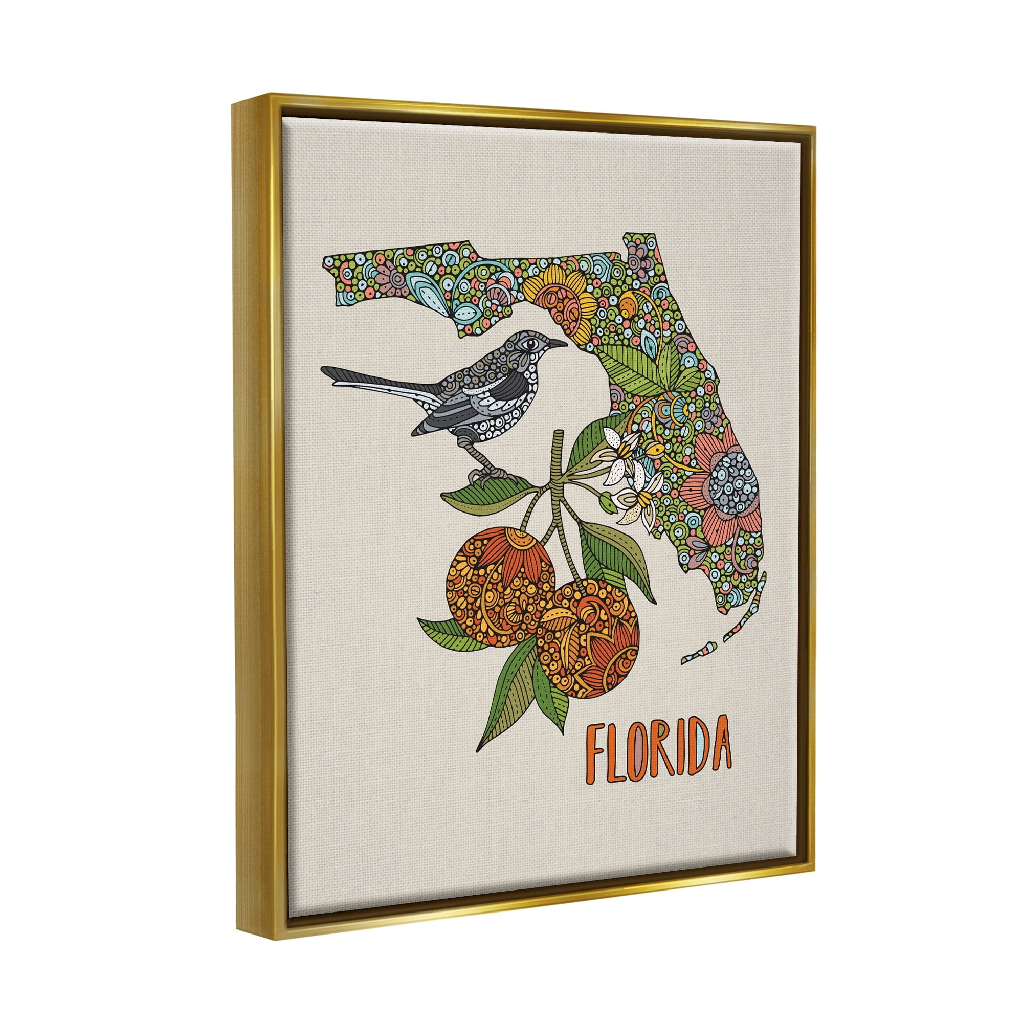 Stupell Industries Florida State Mockingbird Detailed Orange Blossom Pattern Graphic Art Metallic Gold Floating Framed Canvas Print Wall Art, Design by Valentina Harper