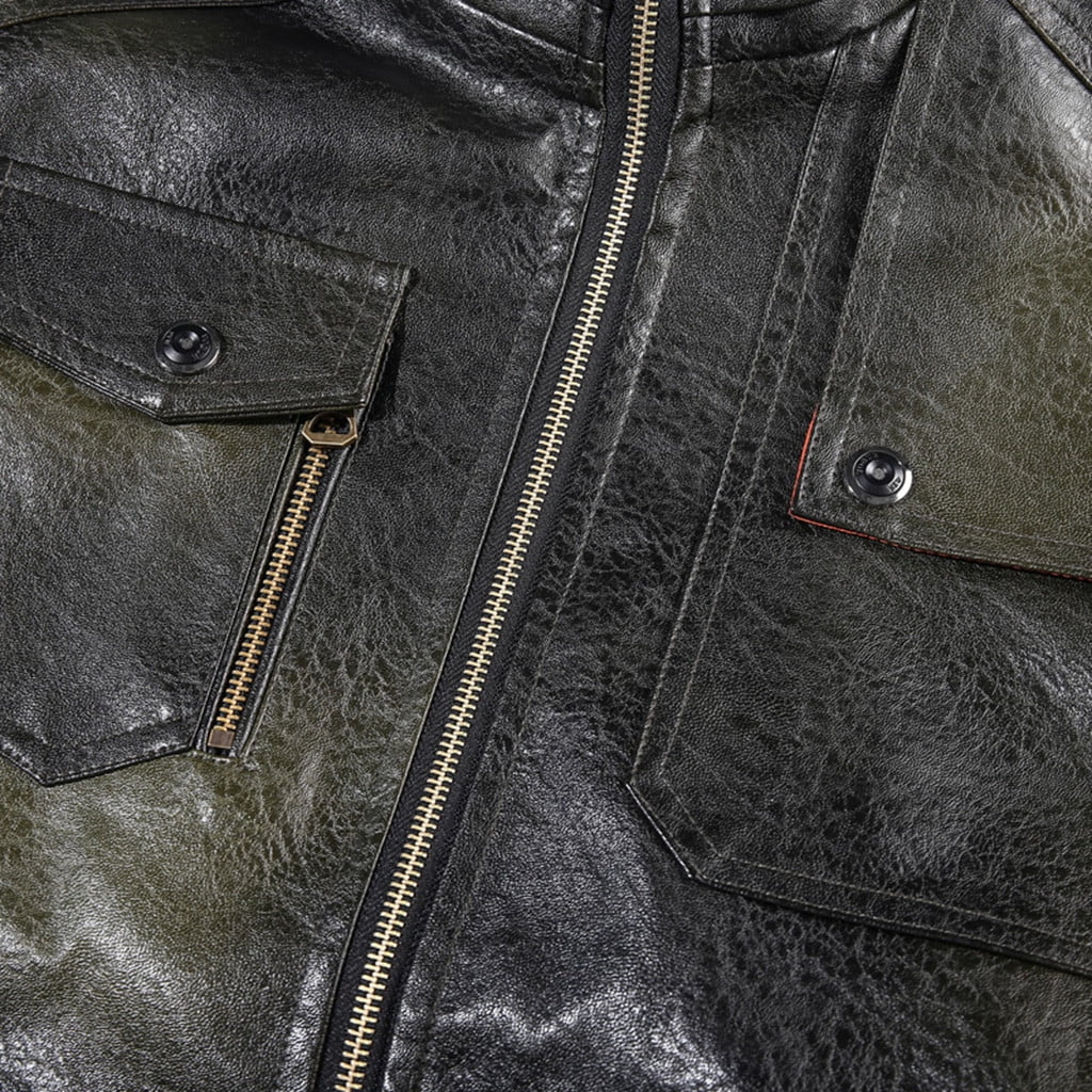 Homenesgenics Men's Leather Jacket Coats Men's Fashion Jacket Pure Color Zipper Stand Collar Imitation Leather Coat Tops