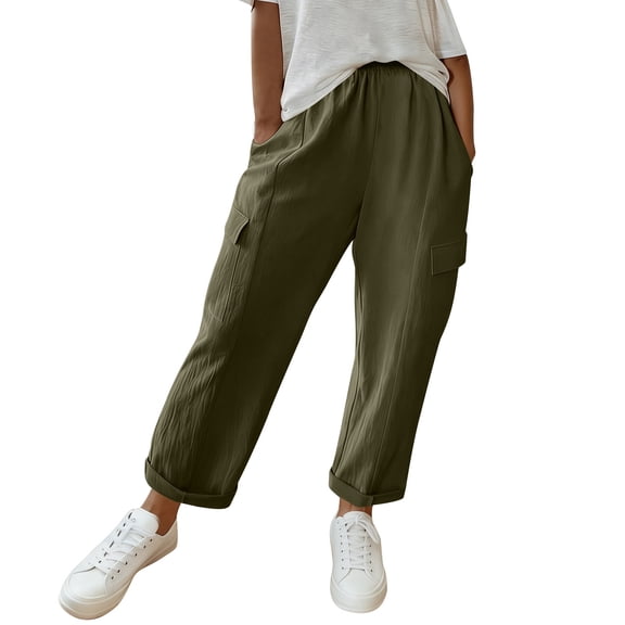 Women's Summer Straight Pants Loose Elastic Waist Casual Trousers Pants with Pockets