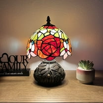 Tiffany Mini Table Lamp Red Orange Stained Glass Rose Flowers Included LED Bulb Dragonfly Base for Living Room Dining Room Bedroom Bedside 12"H*8"W