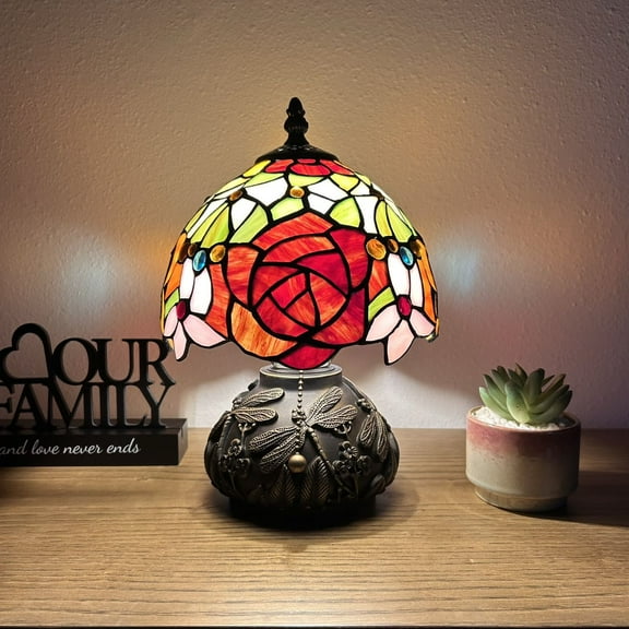Tiffany Mini Table Lamp Red Orange Stained Glass Rose Flowers Included LED Bulb Dragonfly Base for Living Room Dining Room Bedroom Bedside 12"H*8"W