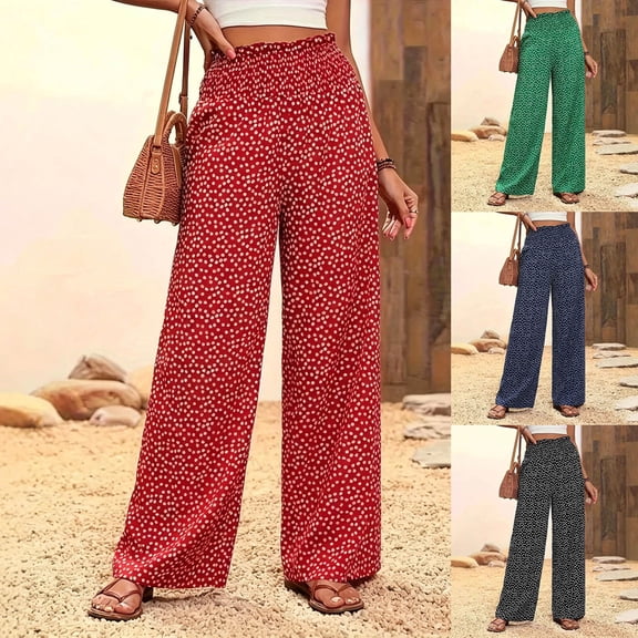 Fengqque Woman Polka Dot Print Pants Wide Leg High Waist Elastic Waist Casual Loose Trousers Red XL