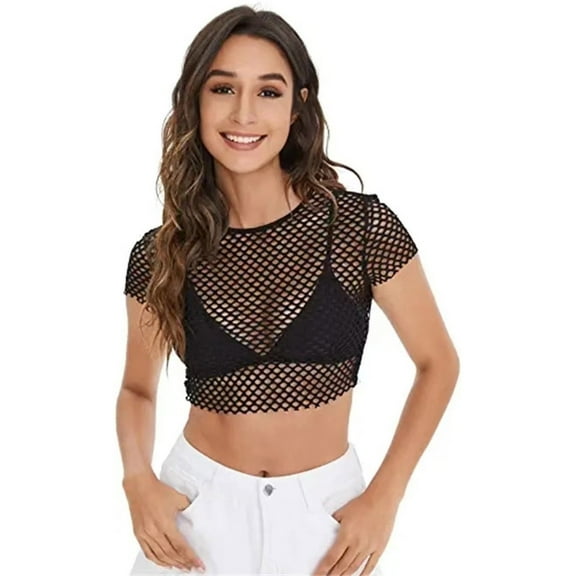 Aellinatey Women's Sexy Sheer Mesh Fishnet Net Short Sleeve T-Shirt Crop Tops Clubwear