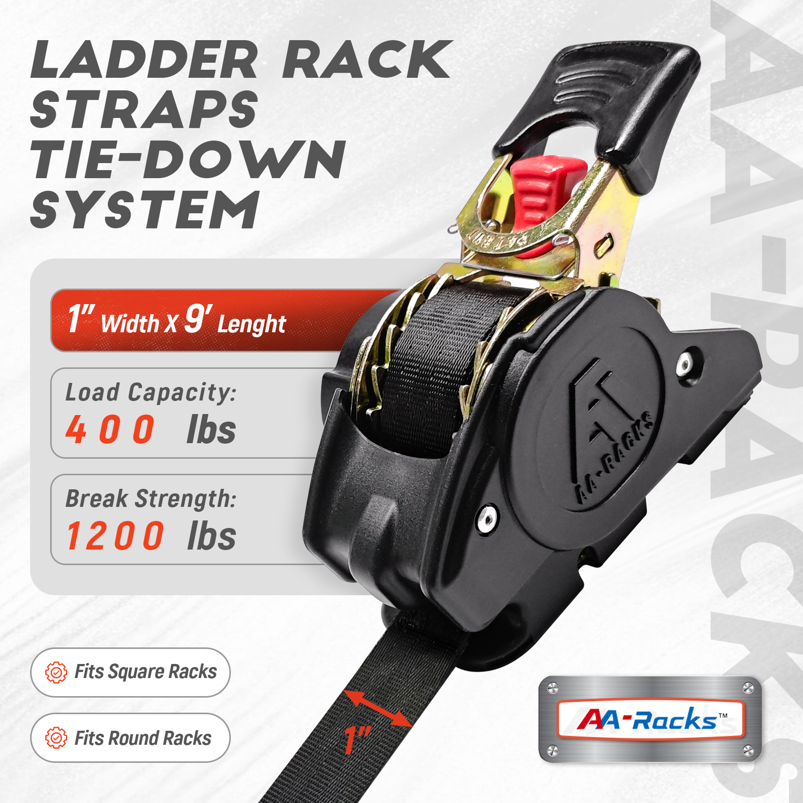 AA-Racks Retractable Ratchet Straps (2 Pack) - 1 Inch x 9 Ft 1200lbs Break Strength, Tie Down Straps for Securing Cargo, Truck Rack Ratchet Strap Kit with S-Hooks 400lb Capacity