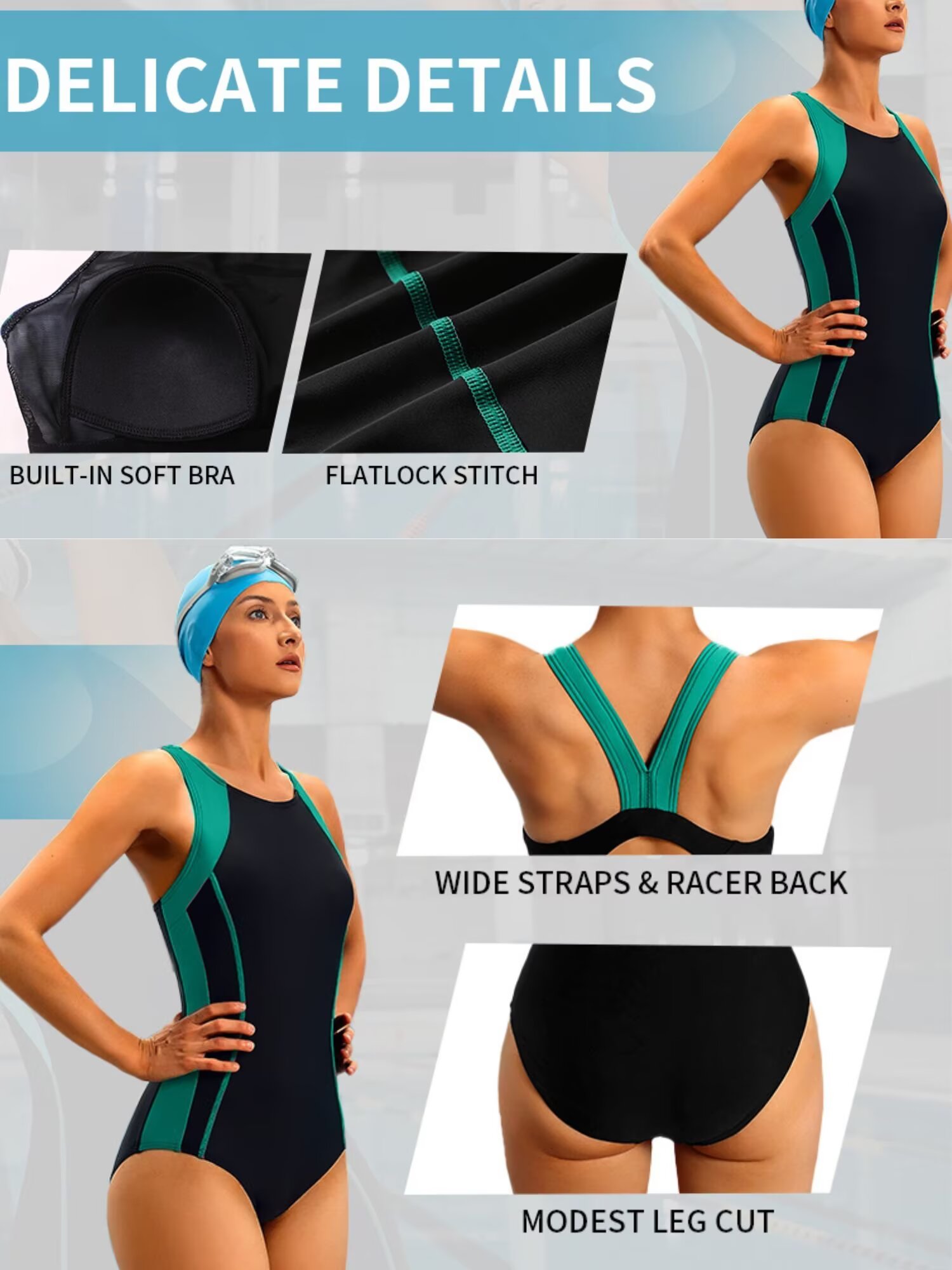 Charmo Women's One-Piece Athletic Racerback Swimsuit, Green photo 2