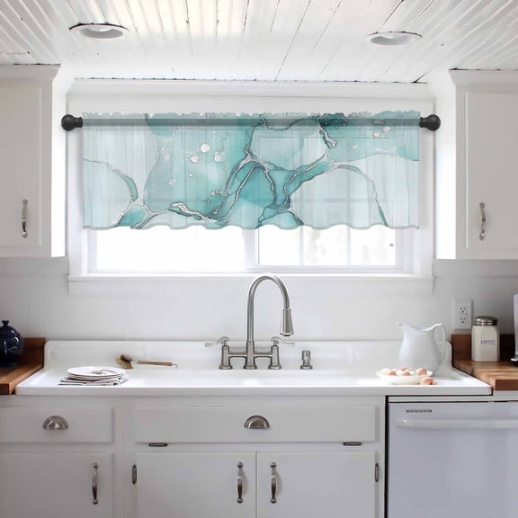 Marble Turquoise Valance Curtains for Kitchen/Living Room/Bathroom/Bedroom Window, Abstract Nature Cracks Silver Wavy Rod Pocket Small Topper Half Short Window Curtains Voile Sheer Scarf 54"x18"
