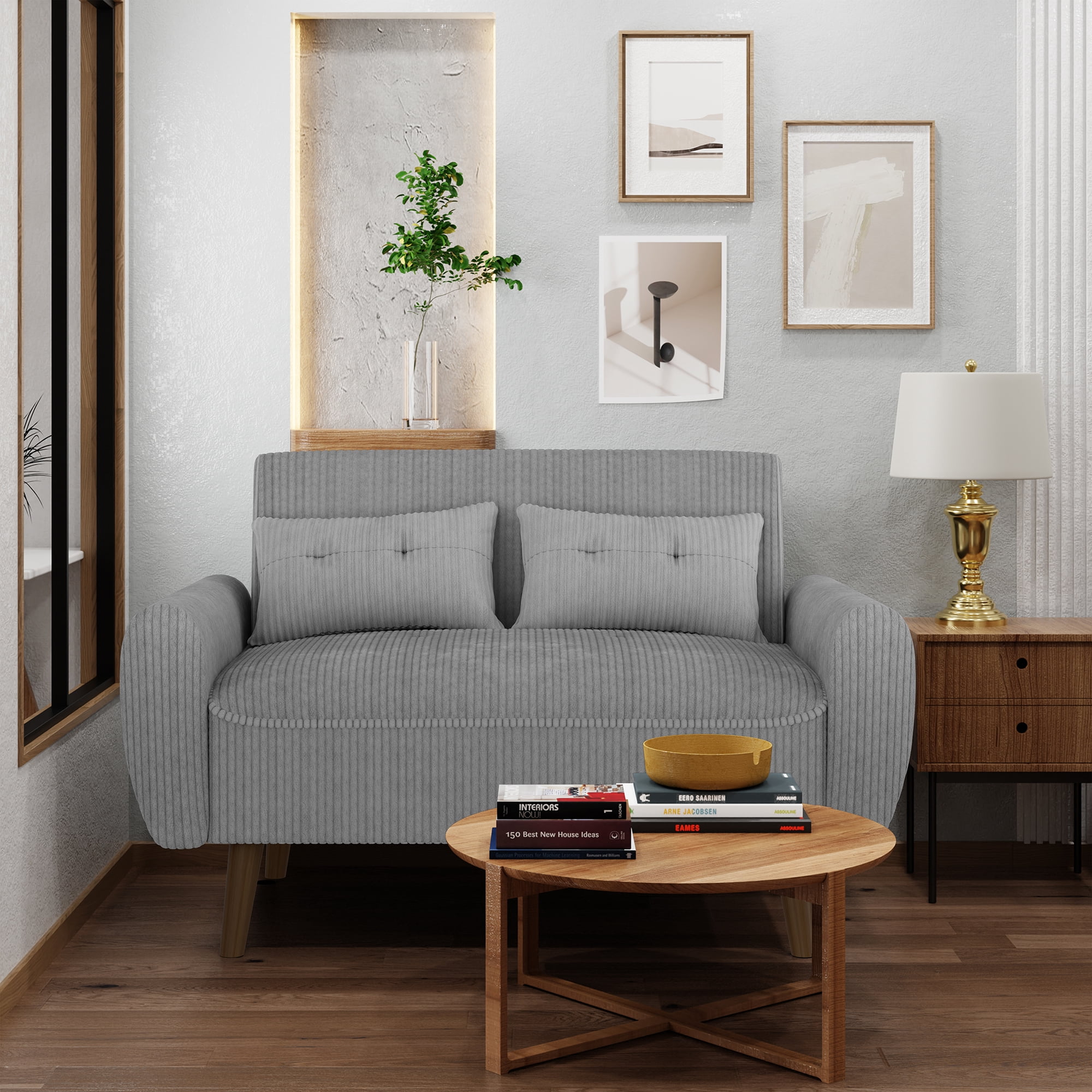Walsunny 49" Loveseat Sofa Couch, 2-Seat Fabric Upholstered Sofa with 2 Removable Pillows, Modern Loveseat Couch, Wood Leg, Light Grey