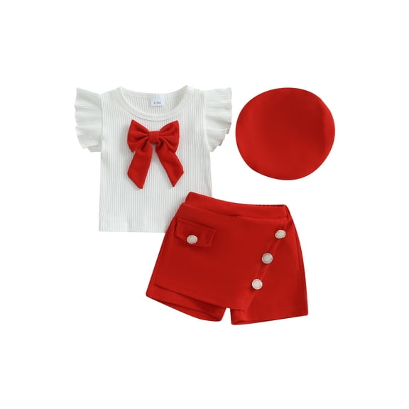 BemeyourBBs Toddler Baby Girl 2 Peice Skirts Set Cute Summer Fall Clothes Vintage Little Girls Short Sleeve 3D Bowknot T-Shirt Skorts Shorts Beret Hat