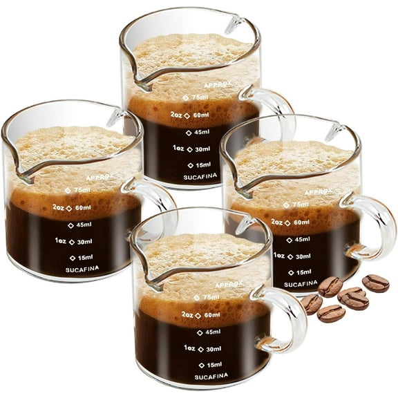 Espresso Cups 4-Piece set, 4 OZ Double Spout Cup with Handle, Espresso Shot Glass with V-Shaped Spout for Espresso Machine, Milk Cup (Espresso Cup Graduated)