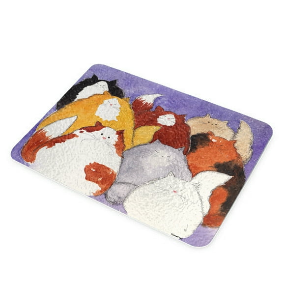 KuzmarK Glass Cheese Cutting Board 11"x7.75" - Eight Colorful Maine Coon Kitties Abstract Cat Art by Denise Every