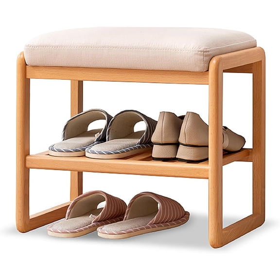 LJAN Solid Wood Shoe Bench, Shoe Rack Bench Assembled with Cushion for Entryway, Hallway, Bedroom, Living Room, Beech Wood, 11.8" x 23.6" x 16.5"