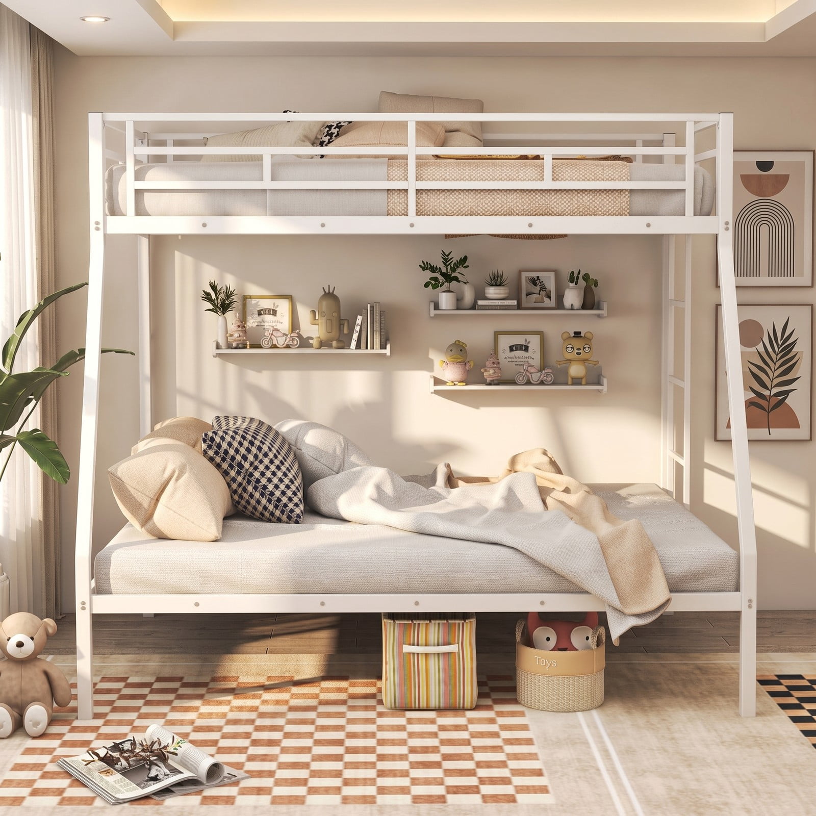 Furnibear Twin Over Full Metal Bunk Bed Frame with Ladder and Safety Guardrails for Kids Teens Dorm and Guest Bedroom , White