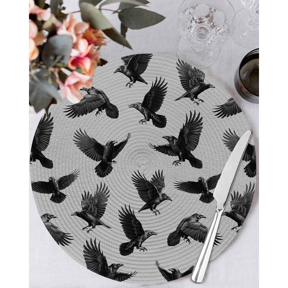 15 Inch Round Placemats Set of 6, Halloween Non Slip Heat Insulation PP Table Mats, Grey Black Animal Crow Fall Holiday Washable Place Mats for Kitchen Dining Party Table Decor