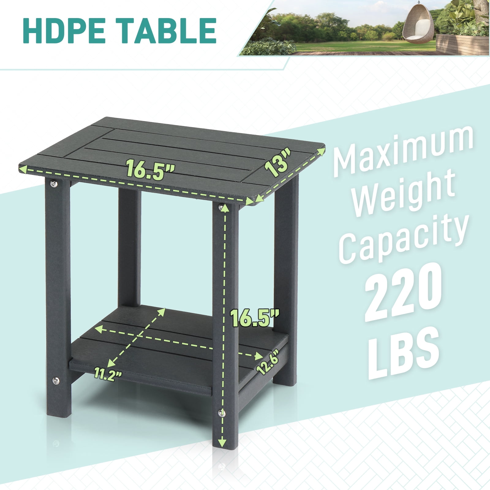 2-Tier Round HDPE Outdoor Side Table Weather Resistant Patio End Table Dark Gray Porch Balcony Storage Side Table