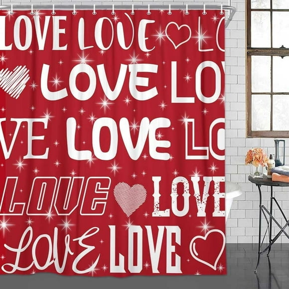 Rideau de Douche Rouge pour la Saint-Valentin, Rideau de Douche Amour Romantique Rouge, Rideau de Douche Cœur de la Saint-Valentin, Ensemble de Décoration de Salle de Bain Imperméable avec 12 Crochets 72X72 Pouces