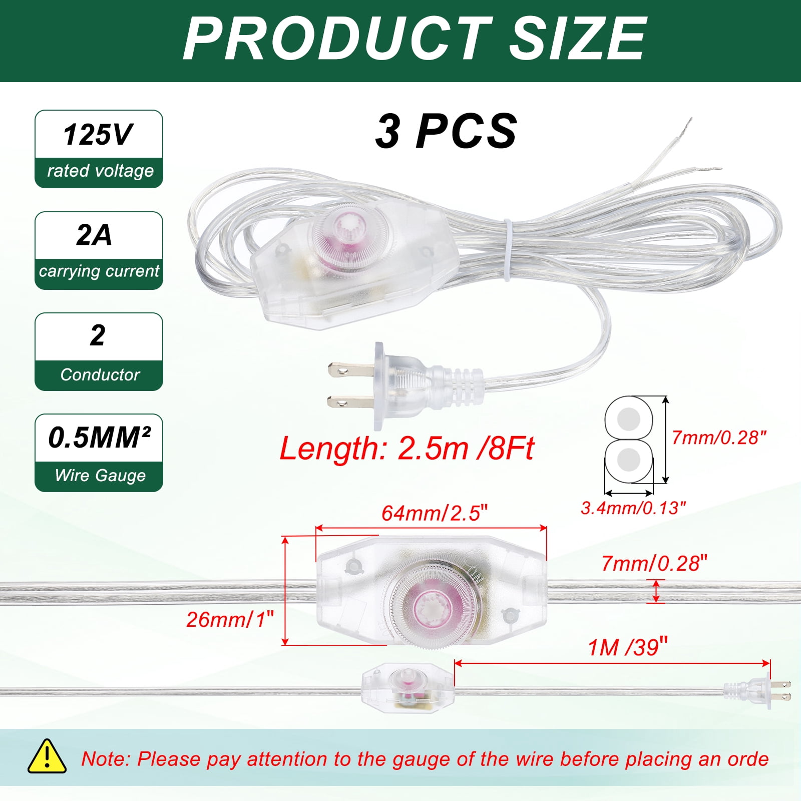 Uxcell 8 Feet 3 Set UL List Lamp Power Cord with Full Range Rotary Lamp, Clear