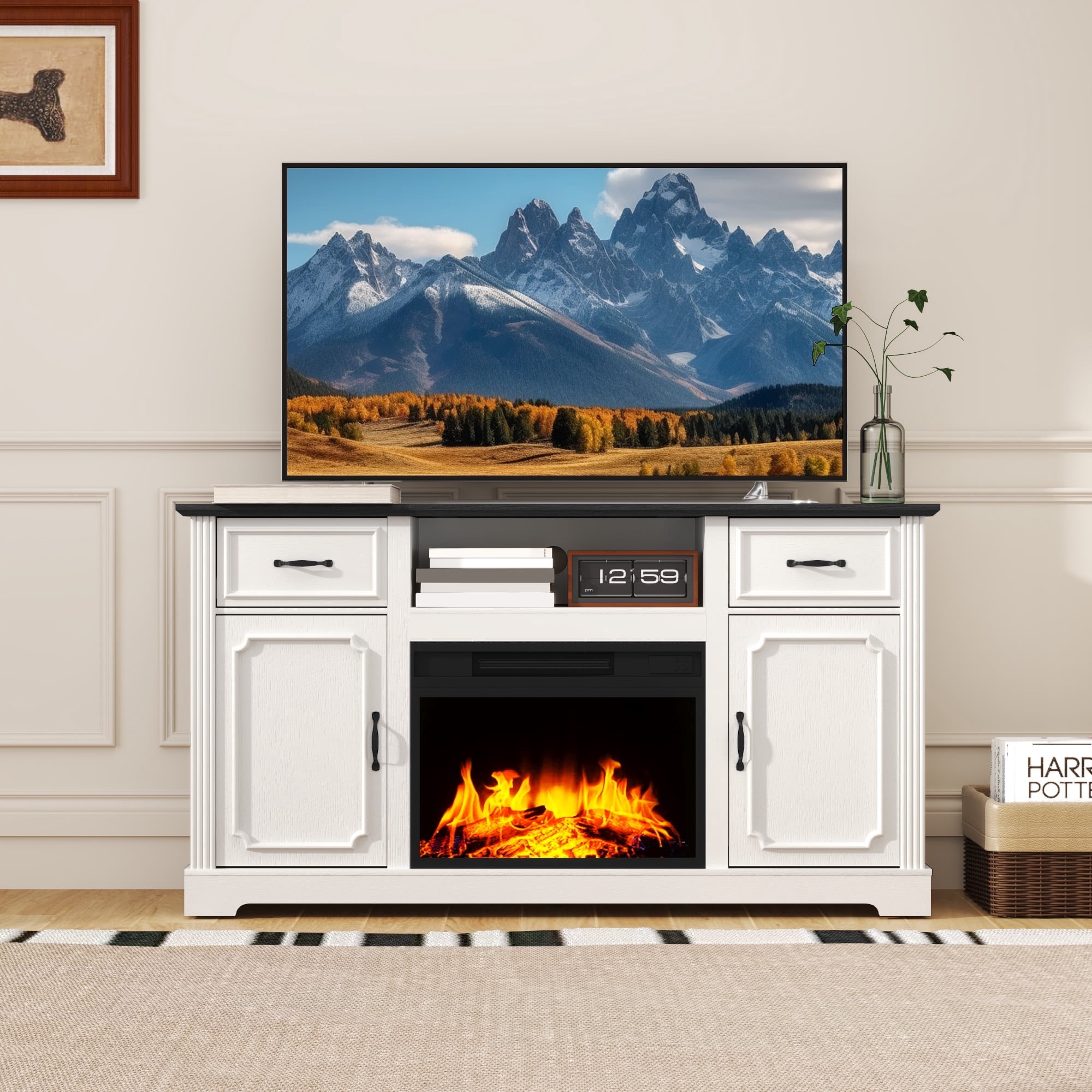 CBJCBJ Medieval TV Stand for TVs up to 65'', Entertainment Center with 22.8'' Electric Fireplace, White