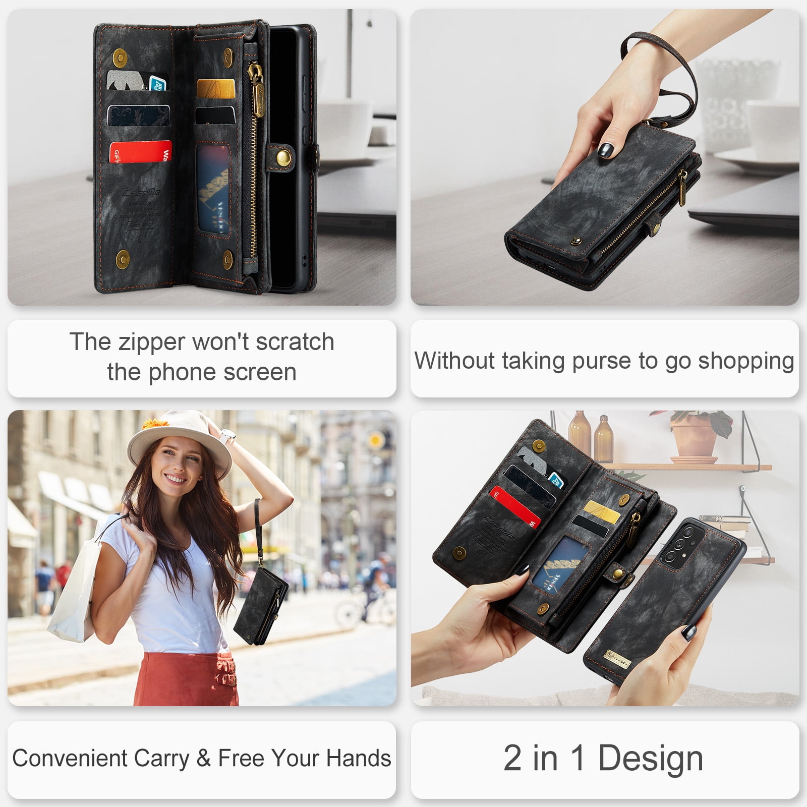 Feishell Durable 2- In-1 Magnetic Detachable Wallet Case for Samsung Galaxy A52 4G/5G,for Women Men,Premium PU Leather Zipper Pocket Flip Multi Card Slots Purse Phone Case with Wrist Strap,Black
