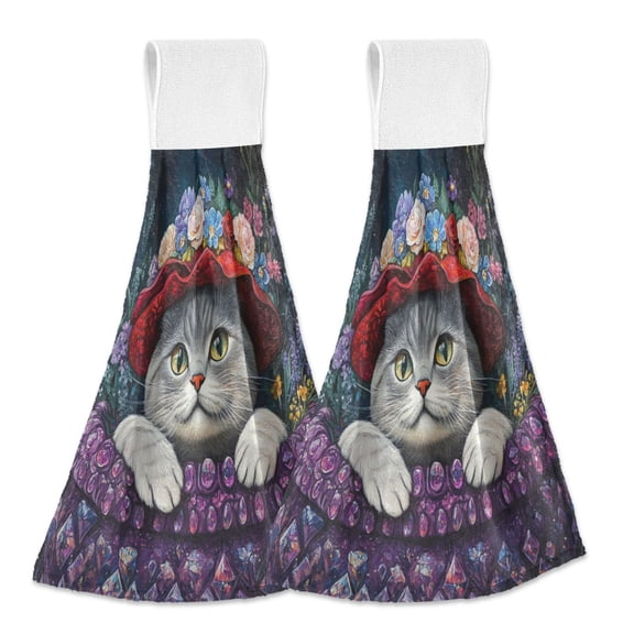 Wobogo Cute Cat Wearing Wreath Hand Towel Set of 2 Absorbent for Kitchen and Bathroom With Velcro Hanging Loop 18.2×14in