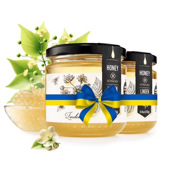 2 jars of HONIGMA Linden Honey | Ukrainian | Glass jar| Pure | Unpasteurized | Unfiltered | Raw |(2x250g/8.8oz)