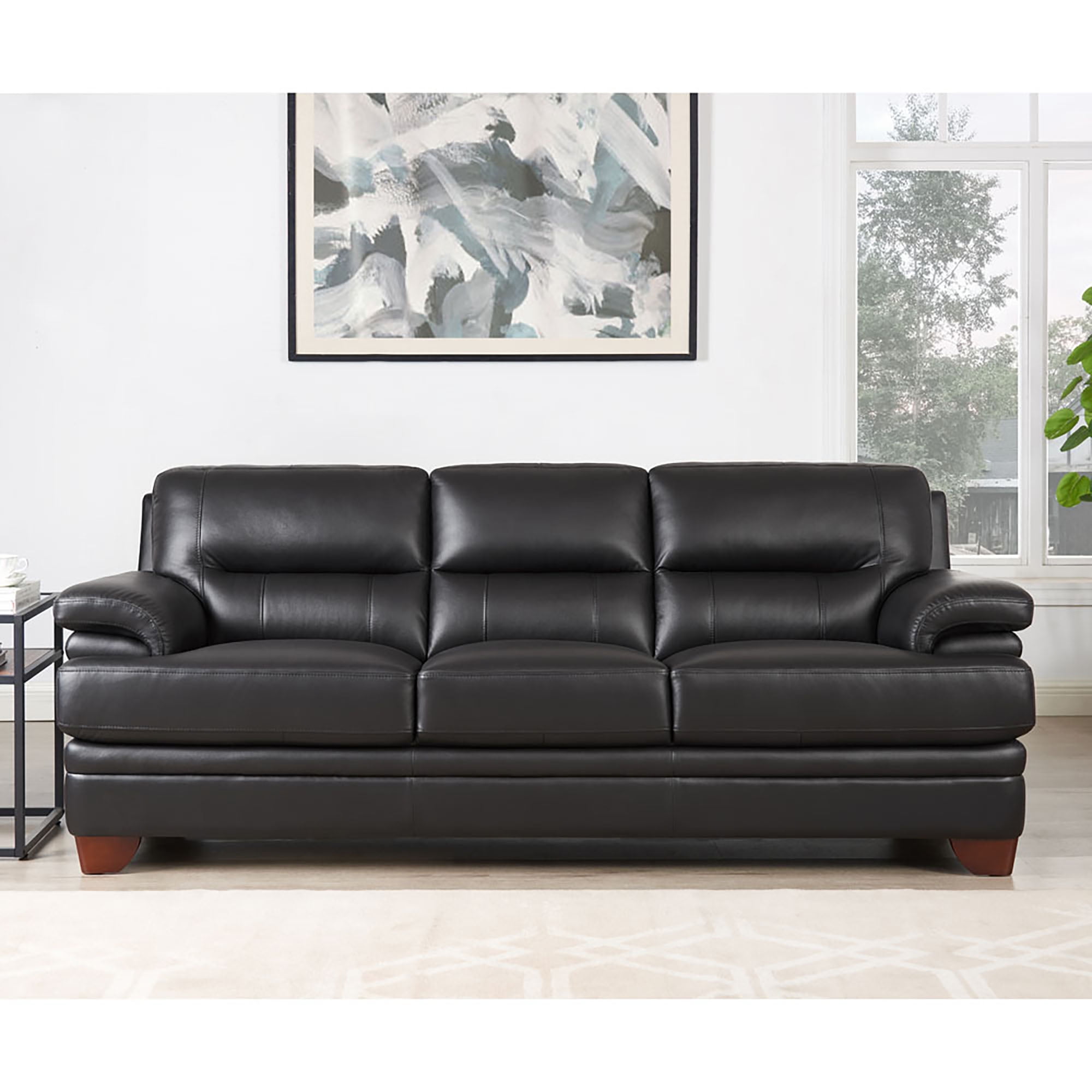 Hydeline Luxor Top Grain Leather Sofa 3-Seater Black with Tapered Legs Memory Foam and Springs Seating