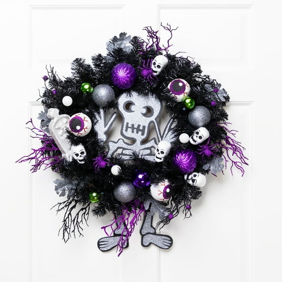 Northlight Purple and Black Spooky Skeleton Pine Halloween Wreath, 24-Inch, Unlit