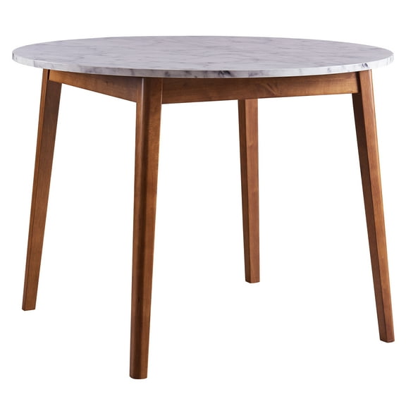 Teamson Home Ashton Round Shape Dining Table Desk With Storage With Faux Marble Top Walnut Finish For Living Room Home and Office