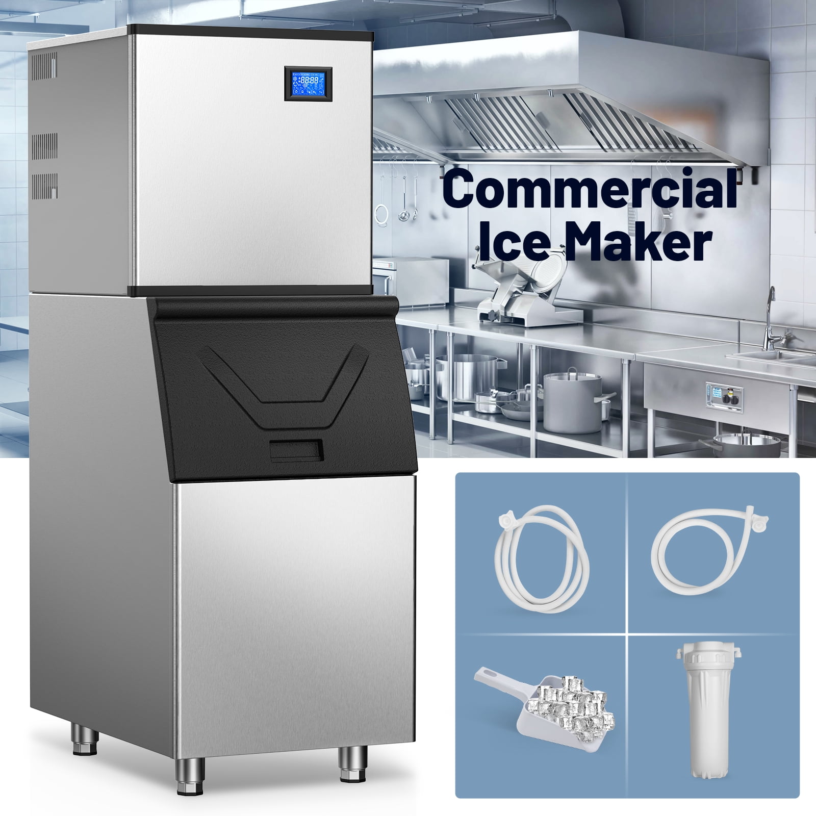 Tittla 450Lbs/24H Air Cooled Split Commercial Ice Maker Machine with 300Lbs Ice Bin in Silver Two packages 156 Ice Cubes/Cycle