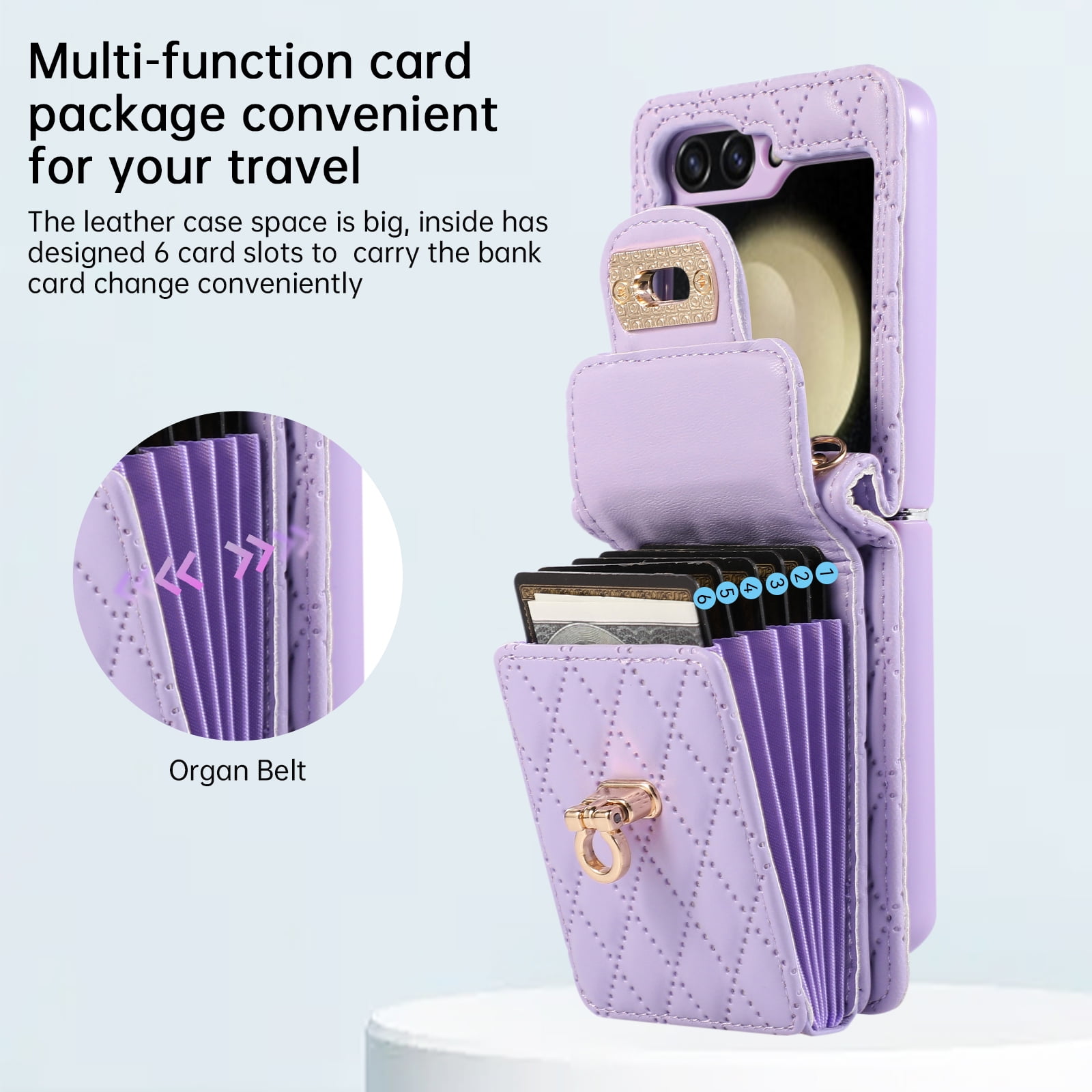Decase For Samsung Galaxy Z Flip 5 5G Leather Wallet Case, PU Leather Shockproof Case with Crossbody Strap, Back Built in Stand Wallet Credit Card Holder Slots Phone Cover,Purple