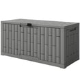thumbnail image 1 of Coffre de Terrasse en Résine de 120 Gallons, Contenant de Rangement Extérieur Gris à Grain de Bois, Coffre de Patio Résistant aux Intempéries et aux UV avec Couvercle Verrouillable, Grand Organisateur de Jardin de 53,1 Po L pour Cour Arrière, 1 of 7