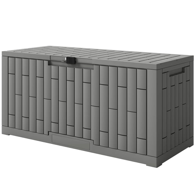 Coffre de Terrasse en Résine de 120 Gallons, Contenant de Rangement Extérieur Gris à Grain de Bois, Coffre de Patio Résistant aux Intempéries et aux UV avec Couvercle Verrouillable, Grand Organisateur de Jardin de 53,1 Po L pour Cour Arrière