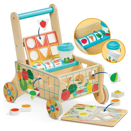 Melissa & Doug Wooden Shape Sorting Grocery Cart Push Toy and Puzzles