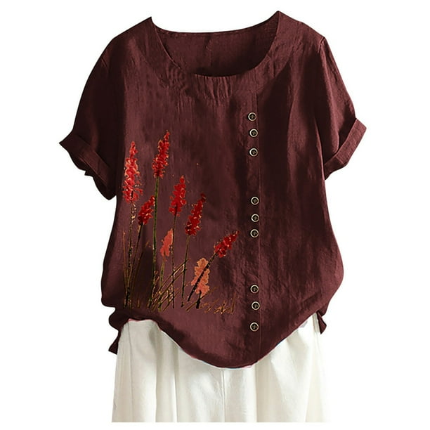 Camisas de Manga Corta para las Mujeres Impresión Floral Casual de Verano Cuello Redondo Suelto, Camisas de Verano para las Mujeres