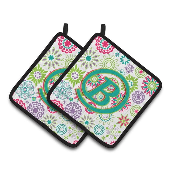 Carolines Treasures CJ2011-BPTHD Letter B Flowers Pink Teal Green Initial Pair of Pot Holders, 7.5HX7.5W, multicolor