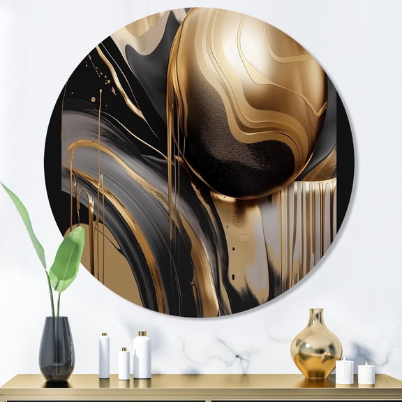 Designart "Captivating Marble Gold and Black IV" Abstract Marble Metal Round Wall Art Prints