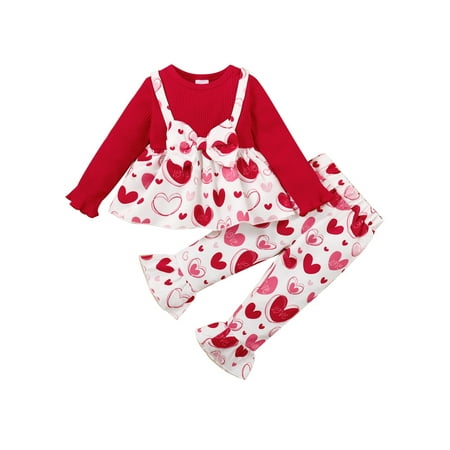 

Diconna Toddler Kid Girl Clothes Set Baby Valentines Day Outfits Heart Print Bowknot Tops + Flare Pants Set Red 12-18 Months