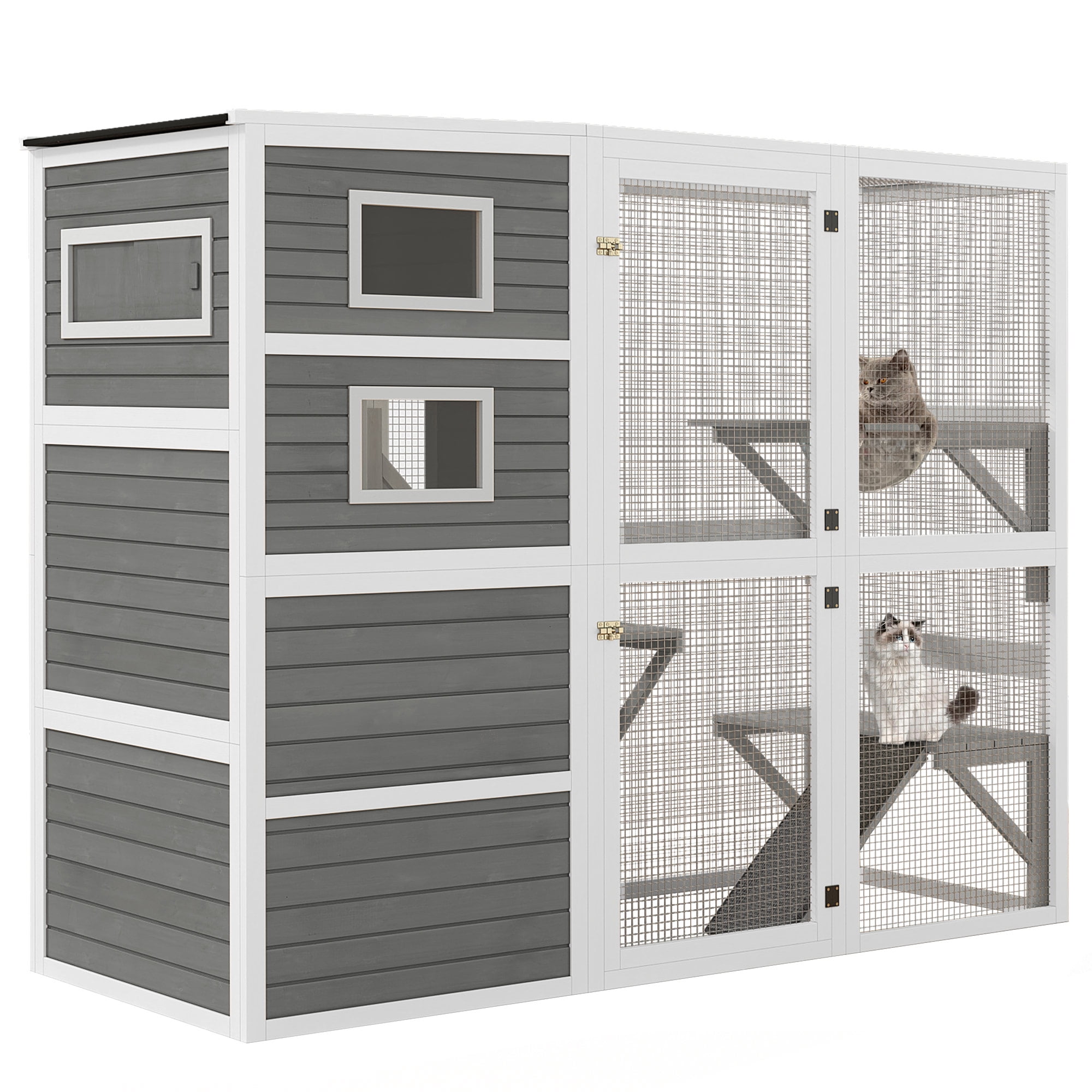 Uforic Cat House Outdoor, 77.9" Large Catio, Cat Enclosure with Weatherproof Roof, 3 Resting Boxes, 77.9 x 35.8 x 69.6 inch