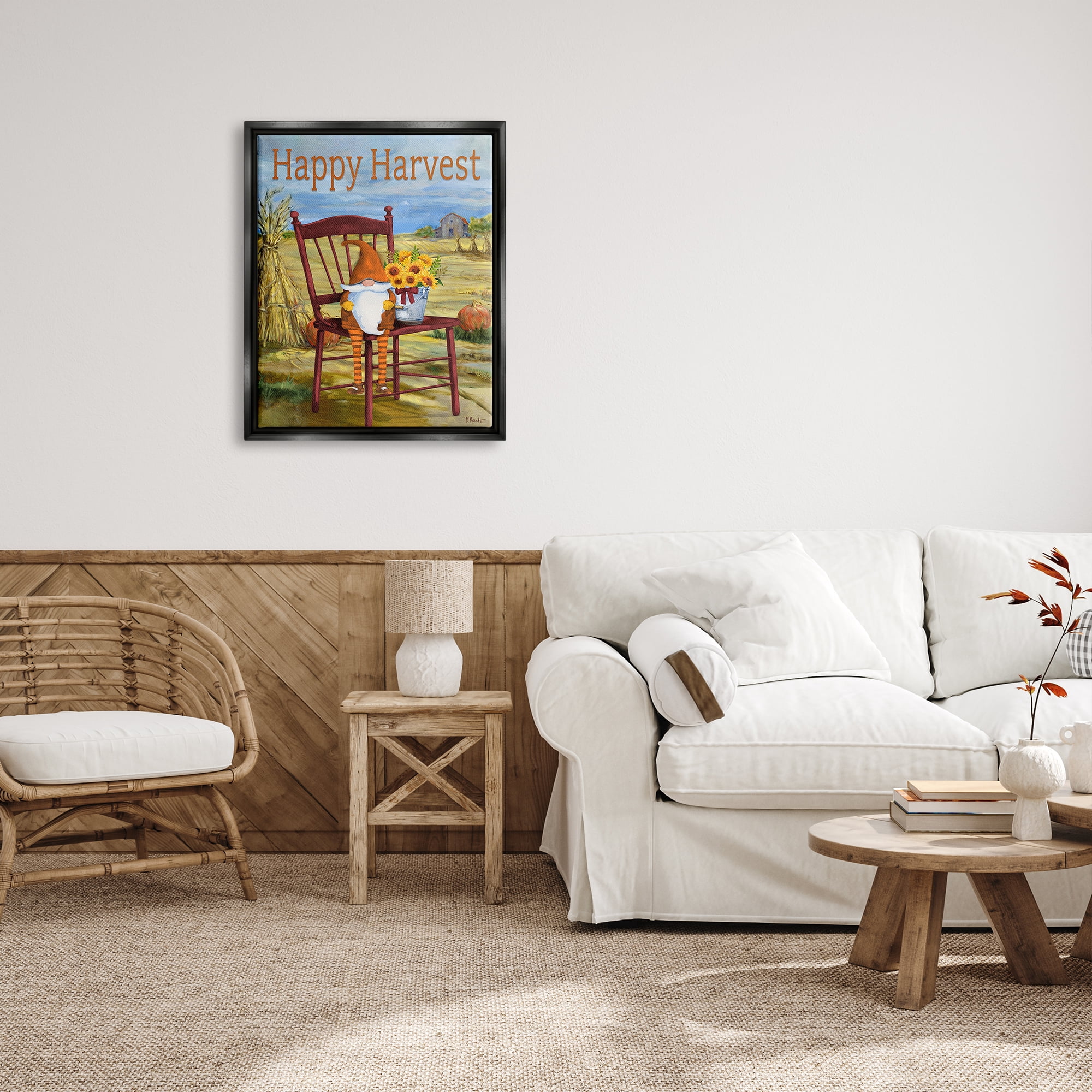 Stupell Industries Happy Harvest Country Gnome Landscape Painting Black Floater Framed Canvas Art Print Wall Art, 25 x 31