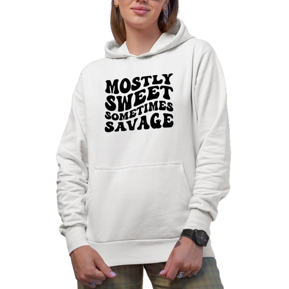 Mostly Sweet, Sometimes Savage, Quote for Wife, Girlfriend or Best Friend, Groovy Retro Wavy Text Merch Gift, White Hooded Sweatshirt or Hoodie, Small