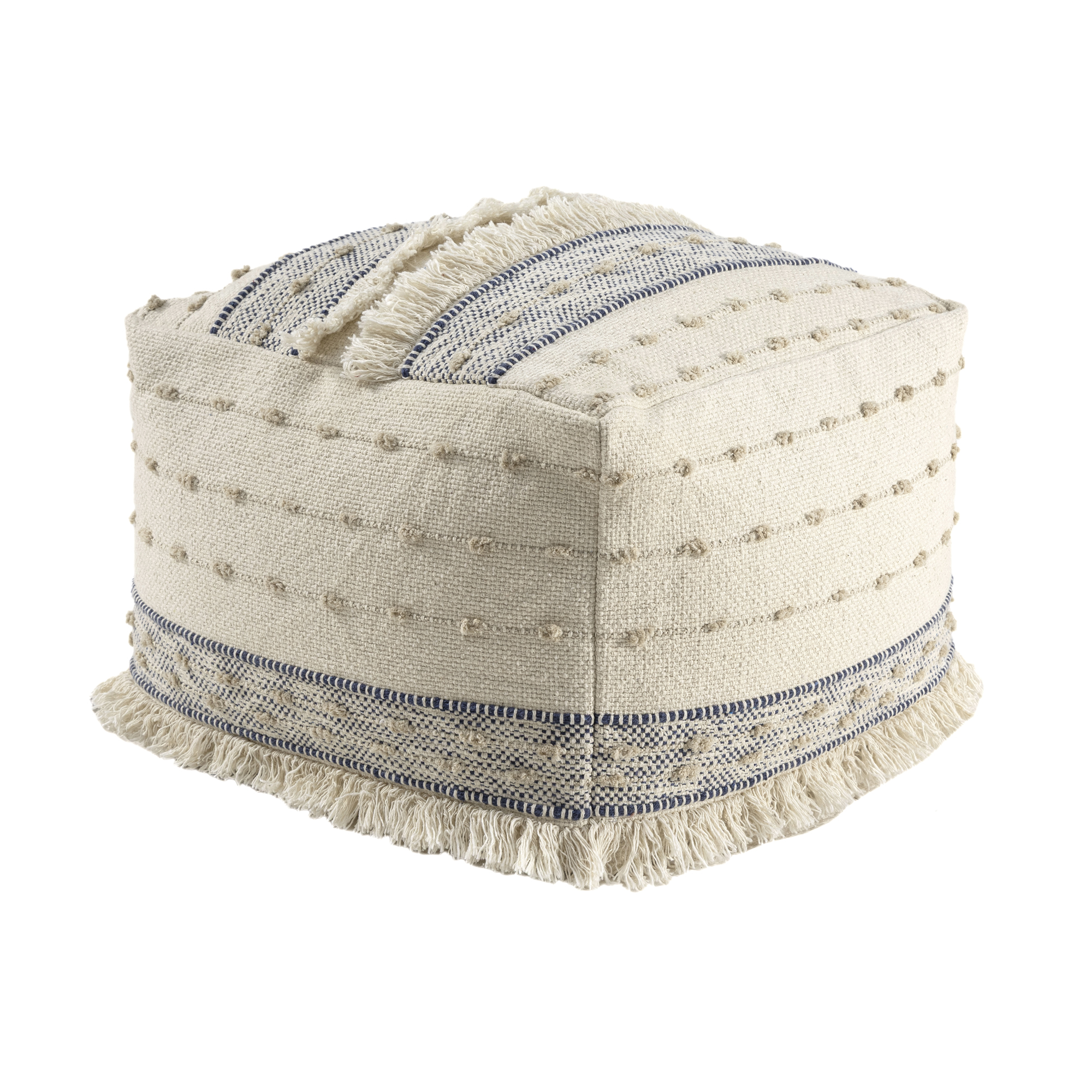 Ox Bay Tristan Striped Handmade Cotton Medium Square Pouf Ottoman, Navy/Ivory, 18" x 18" x 14"